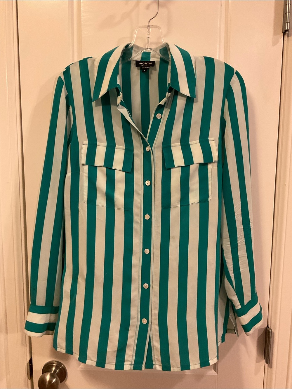 Worth Teal and White Silk Striped Button Down - P XS